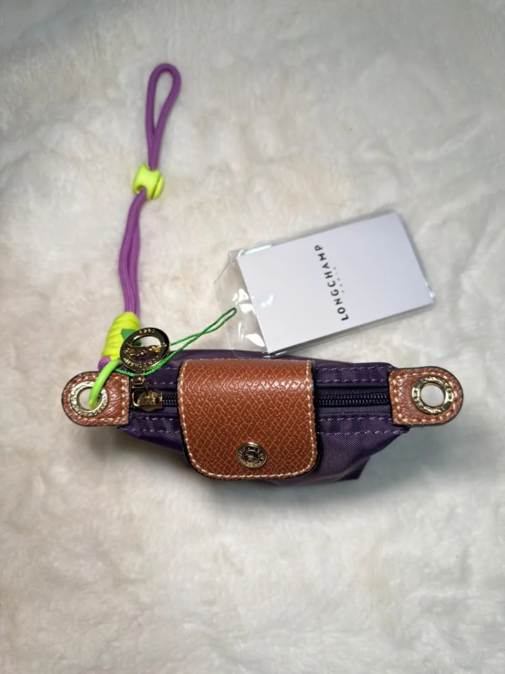 Mini Bag Charms Purple Nylon Card Pouch with Brown Leather Trim and Neon Cord